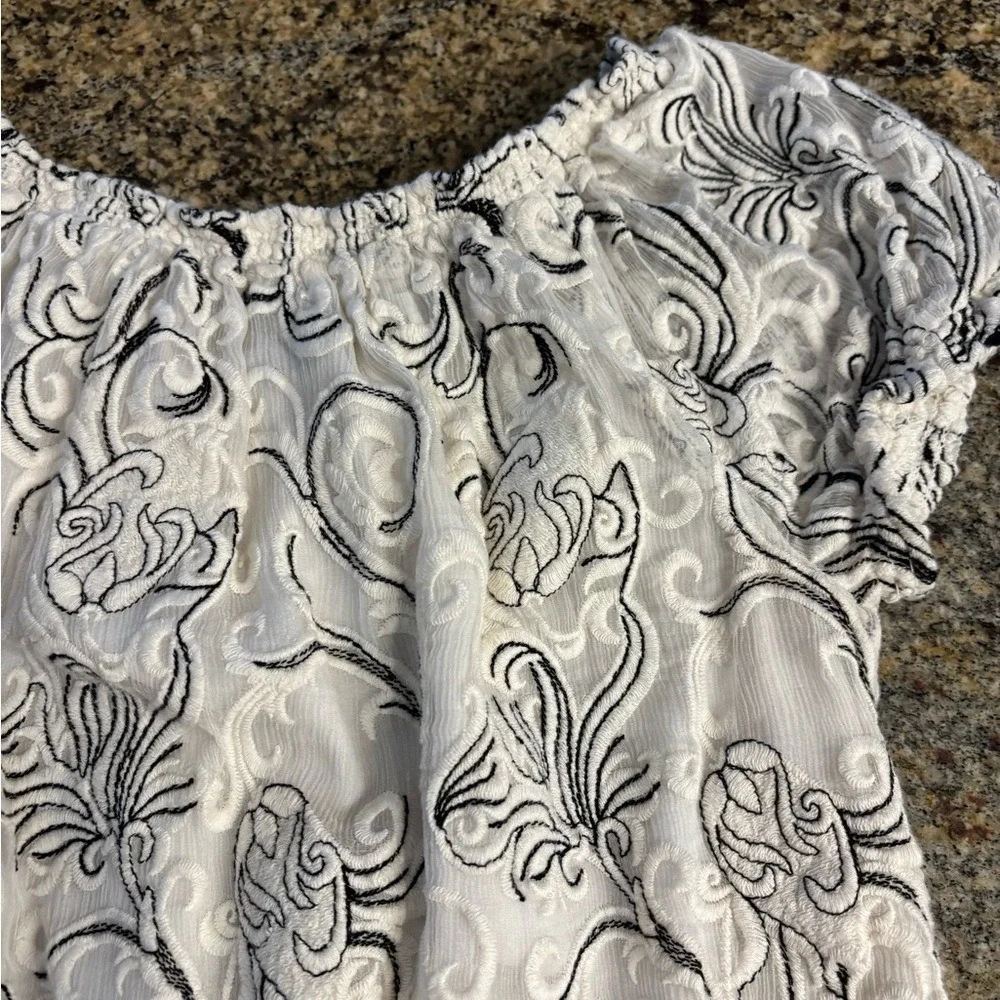 Alice +‎ Olivia JANELLE SILK Embroidered Off the Shoulder Dress 4 Cream Black